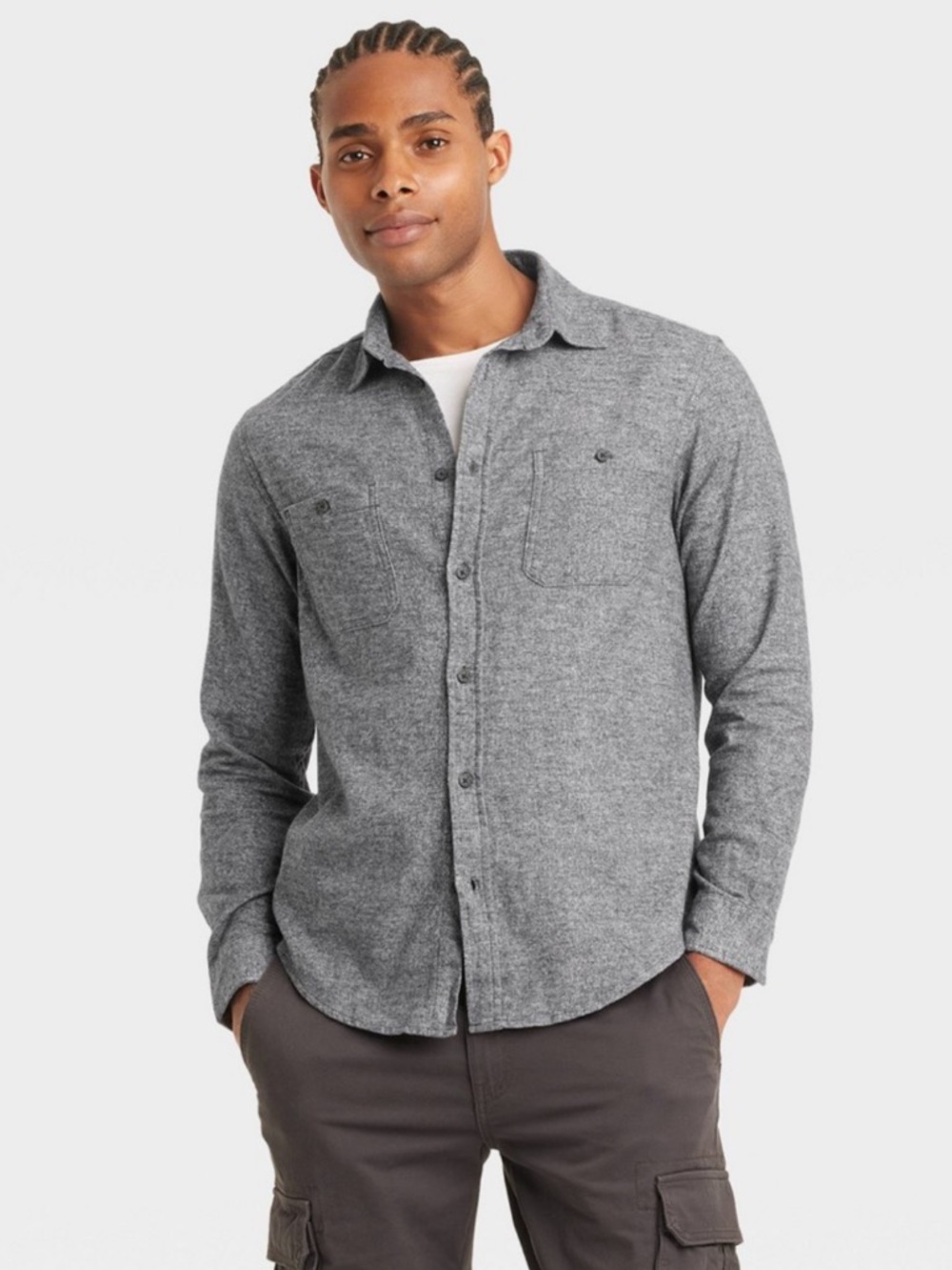 New! Men's Mid-Weight Flannel Long Sleeve Button-Down Shirt -Gray, Size L